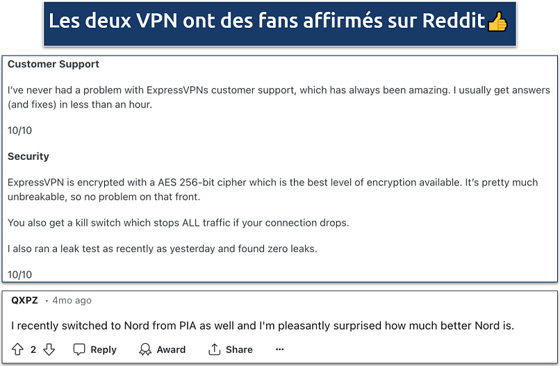 Capture d’écran montrant des commentaires positifs sur Reddit pour ExpressVPN et NordVPN