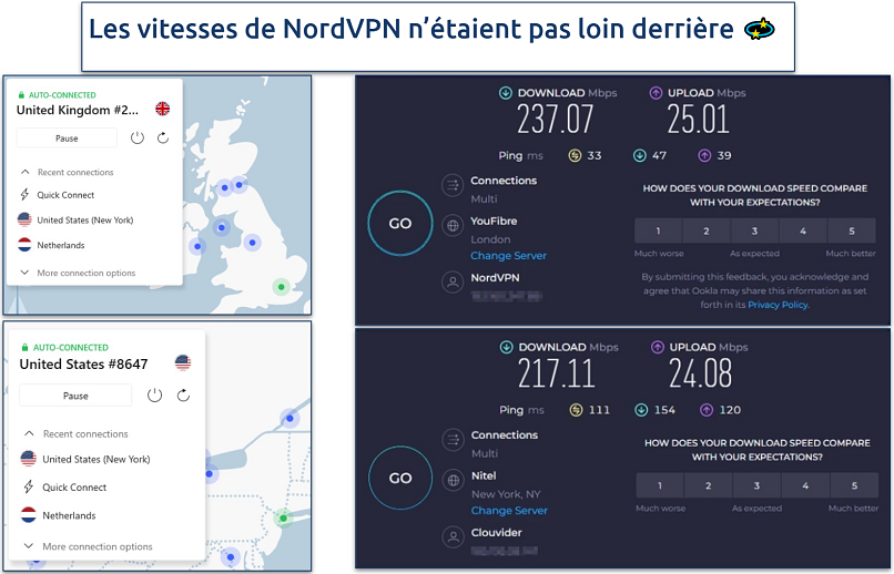 Capture d’écran montrant l’application NordVPN avec des tests de vitesse en ligne