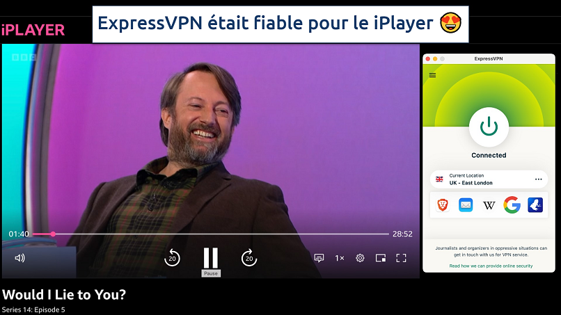 Capture d’écran montrant l’application ExpressVPN sur un navigateur diffusant le iPlayer de la BBC