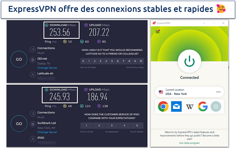 Capture d’écran des résultats de test de vitesse ExpressVPN