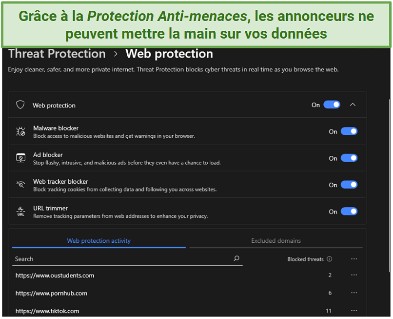 A screenshot of NordVPN's Threat Protection showing its customizable features