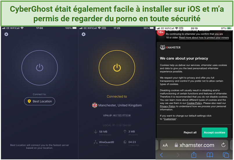 A screenshot showing the CyberGhost iOS app connecting to a server in the UK for watching porn safely on xHamster