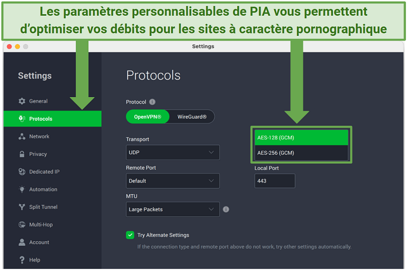 A screenshot showing how to switch encryption levels in the settings panel on the PIA app