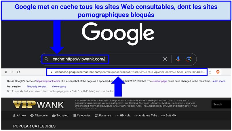 A screenshot showing how to use Google's Search Engine Cache to access blocked porn sites