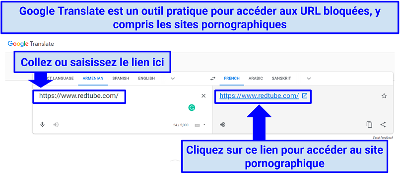 A screenshot showing you can use Google Translate to unblock porn websites