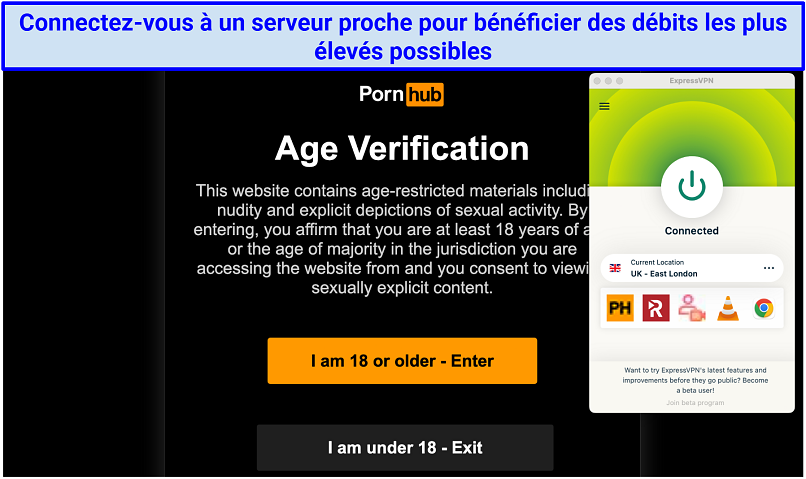 A screenshot showing the ExpressVPN app connected to a server in the UK over the PornHub age verification page