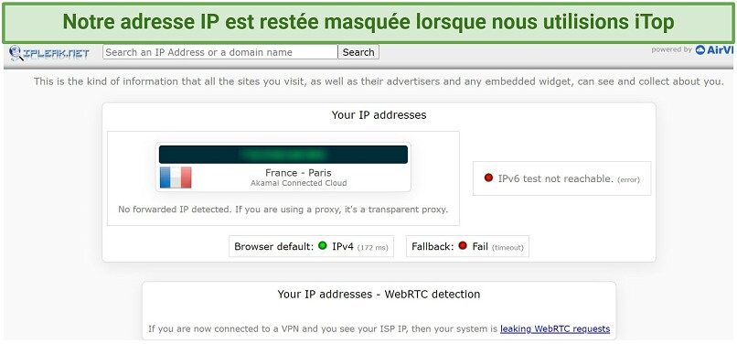 A screenshot of IP leak test results showing iTop protecting my IP address