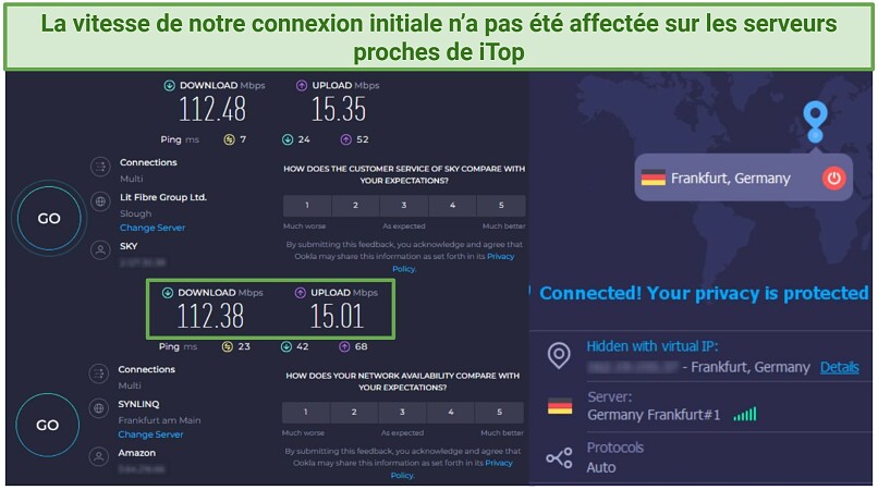 Screenshot of Ookla speed tests done with no VPN and while connected to iTop VPN's German servers