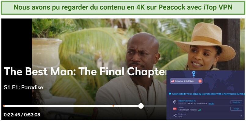 Screenshot of Peacock player streaming The Best Man: The Final Chapter while connected to iTop VPN