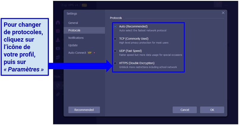 A snapshot showing how to change iTop VPN protocols