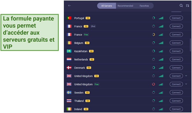 A snapshot of iTops list of servers showing both free and VIP servers