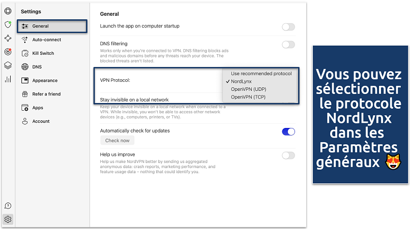 Screenshot of the NordVPN General Settings