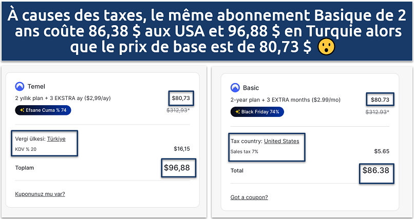 Screenshot of the NordVPN tax comparison in Turkey and the US