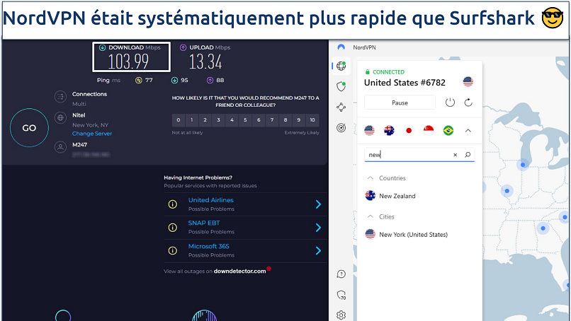 A screenshot of a speed test with NordVPN's US server