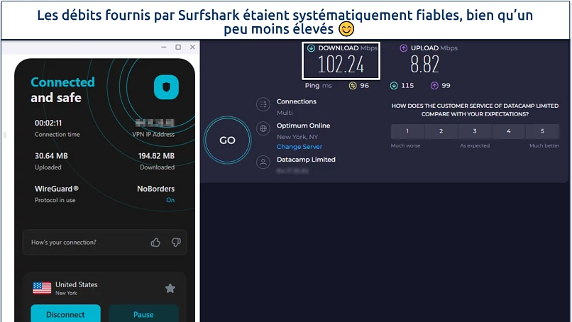 A screenshot of a speed test with Surfshark's US server