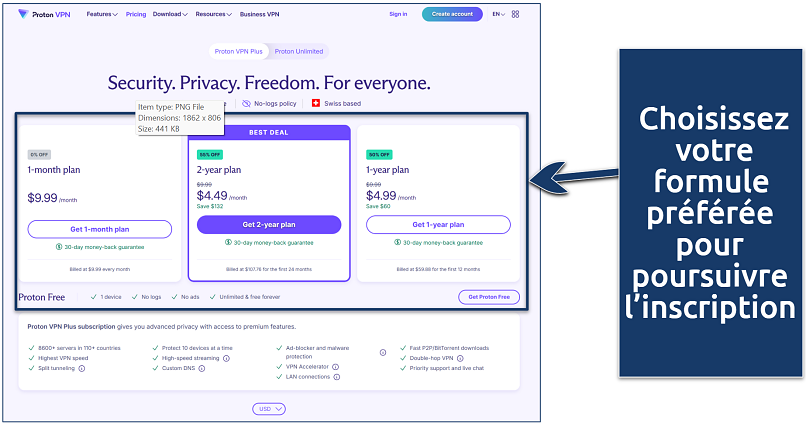 Capture d’écran montrant la page des formules d’abonnement de Proton VPN