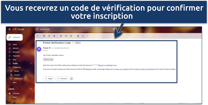 Capture d’écran montrant le code de vérification de compte Proton VPN