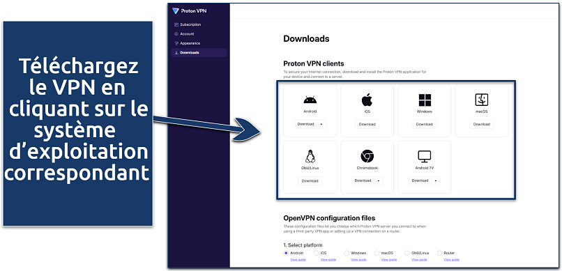 Capture d’écran montrant les options de téléchargement de Proton VPN pour différents appareils