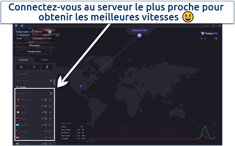 Capture d’écran montrant l'interface de sélection de serveur de Proton VPN