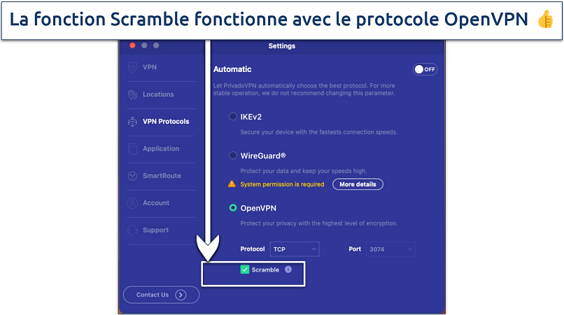 Screenshot of the protocol settings in the Privado VPN app