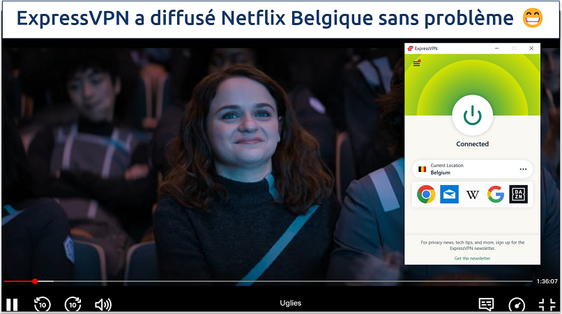 Une capture d’écran de Netflix Belgique diffusant Uglies tout en étant connecté au serveur belge d’ExpressVPN