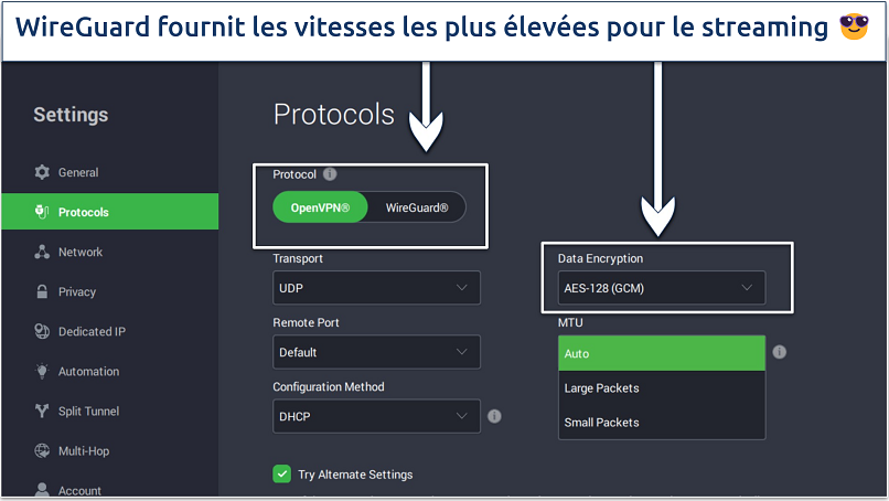 Une capture d’écran montrant la facilité de personnalisation d’une connexion en utilisant Private Internet Access (PIA)