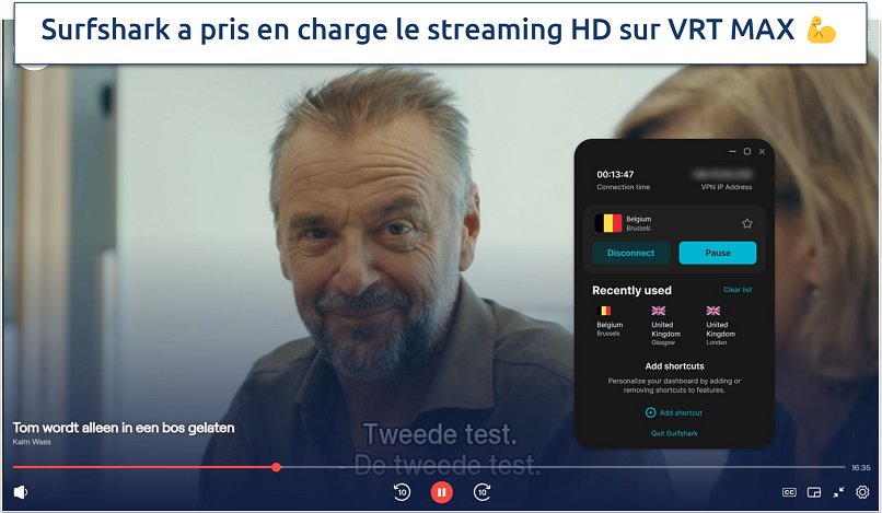 Capture d’écran montrant le streaming sur VRT MAX lors de la connexion au serveur belge de Surfshark