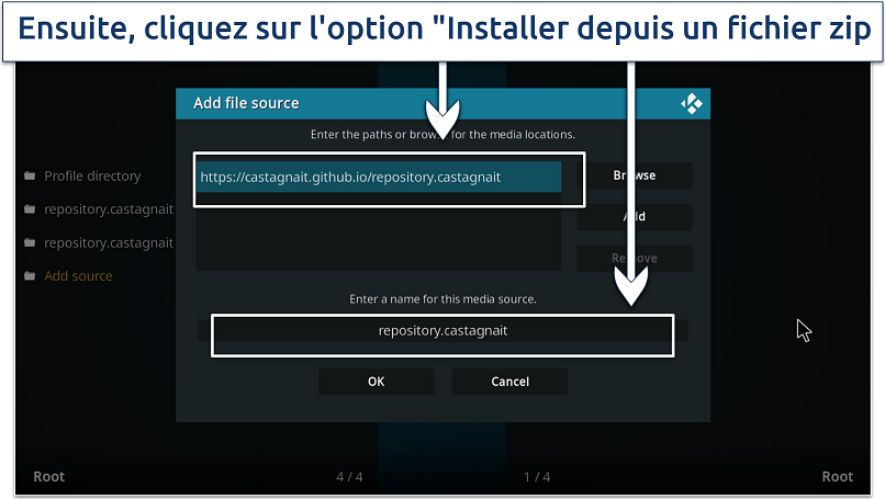 Screenshot showing how to add a file source on Kodi and give it a name