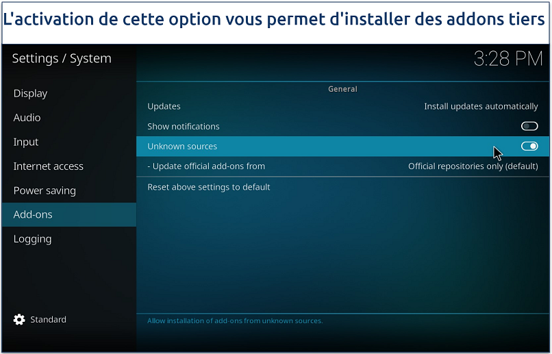 Screenshot showing the Kodi addon settings page