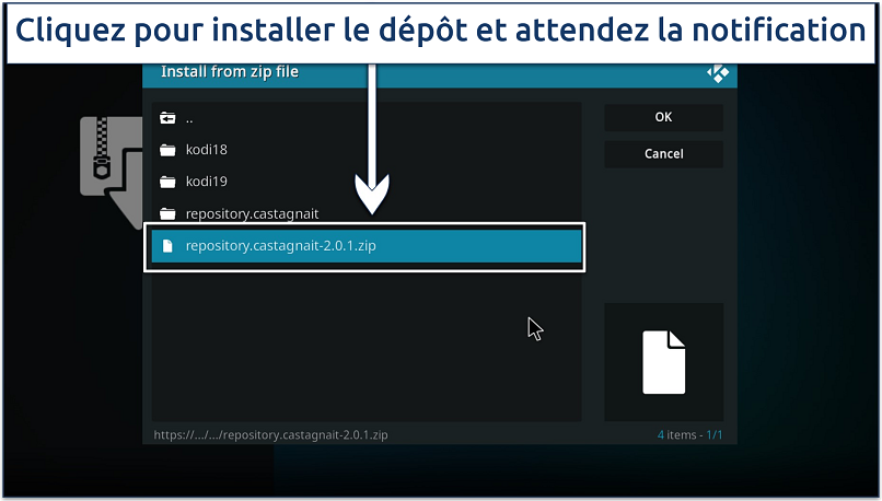 Screenshot showing how to install a repository from a zip file on Kodi