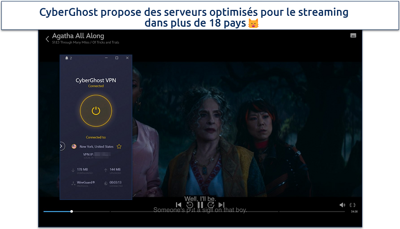 Screenshot of Agatha all along streaming on Disney+ with CyberGhost connected