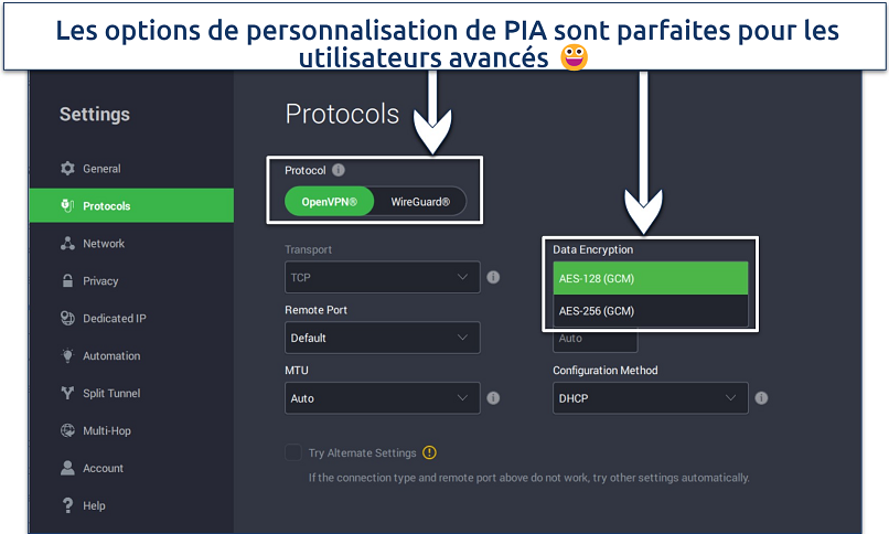 Screenshot showing how to customize your VPN connection with PIA