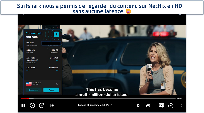 Screenshot showing Surfshark streaming Netflix US with its NYC server