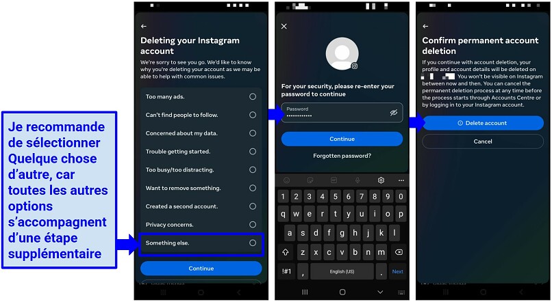 Choisir une raison pour supprimer votre compte Instagram