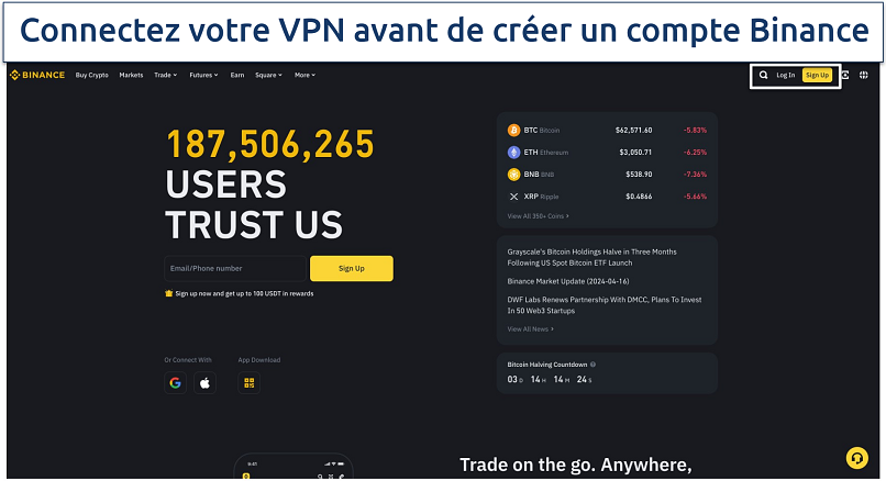 Capture d’écran de la page d’accueil de Binance mettant en évidence la section Inscription