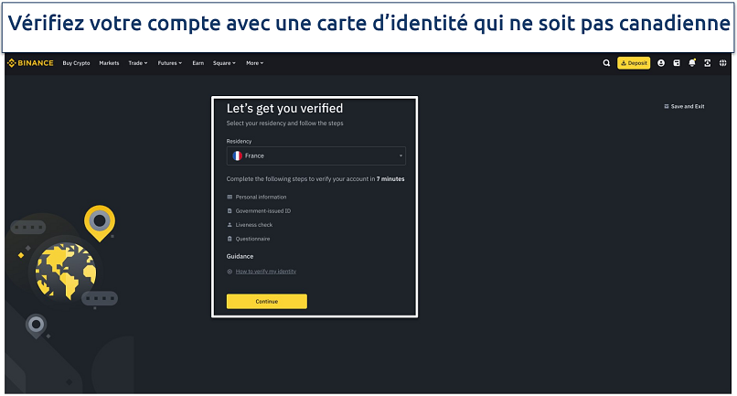 Capture d’écran de la page de vérification de compte de Binance