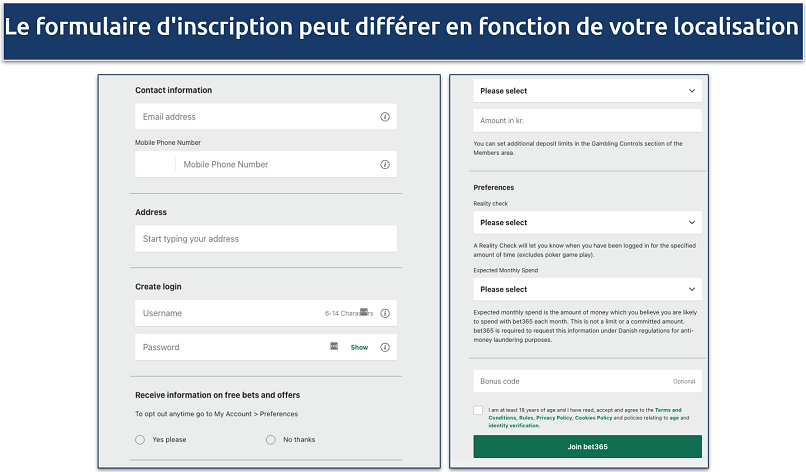 Screenshot of the bet365 registration form