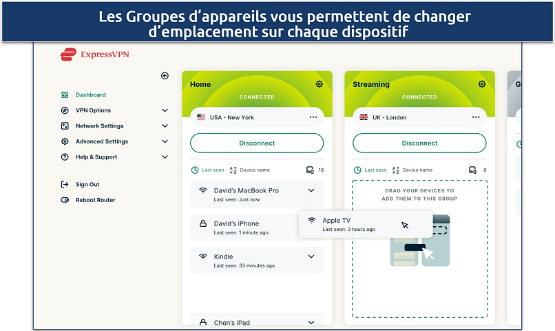 Capture montrant comment utiliser les Groupes d’appareils d’ExpressVPN