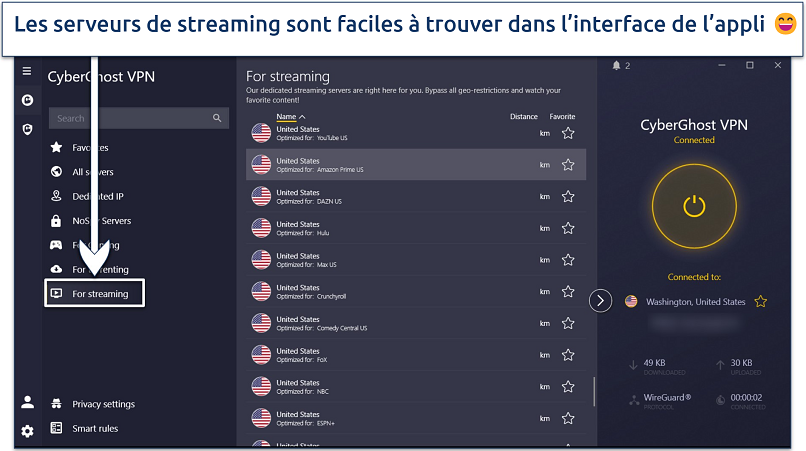 Screenshot displaying CyberGhost's Windows app with streaming servers highlighted