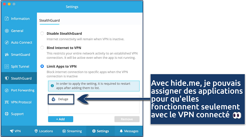 Screenshot showing how to limit apps to VPN on the hide.me app