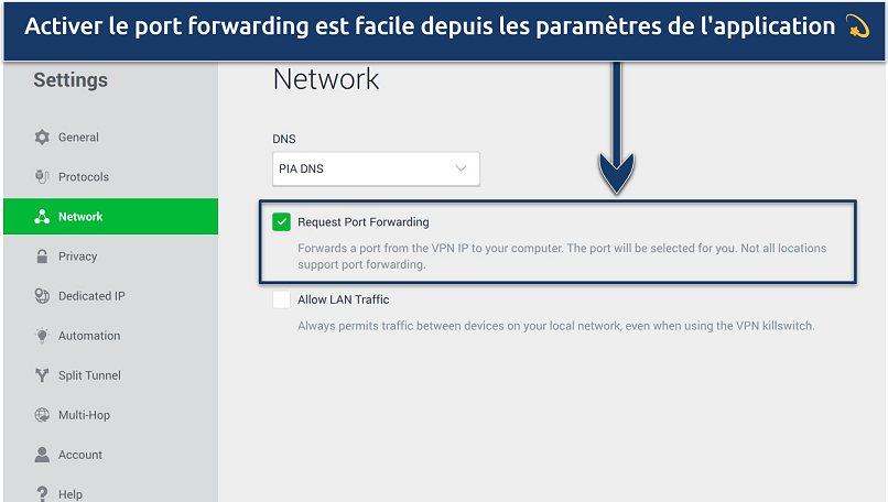 Screenshot showing how to activate PIA's port forwarding