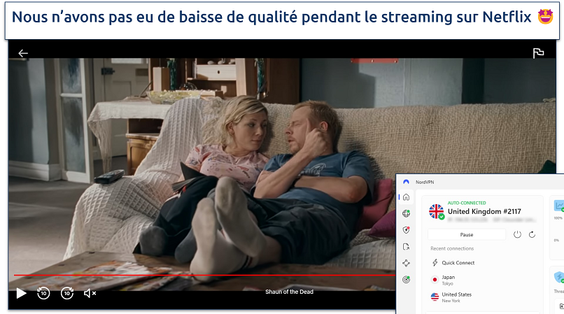 Screenshot showing Shaun of the Dead streaming on Netflix with NordVPN connected