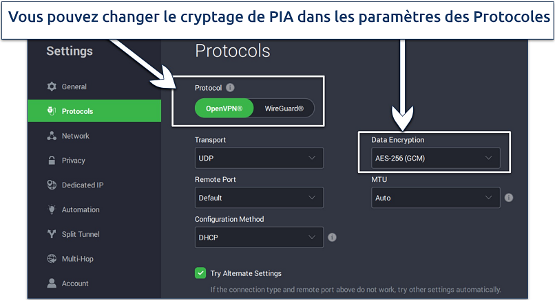 Screenshot showing protocol settings of PIA on Windows app interface