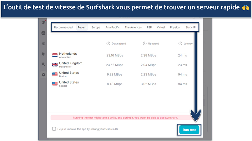 Screenshot showing the speedtest feature of Surfshark in its Windows app