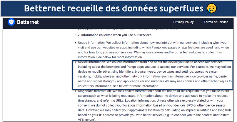 Screenshot of Betternet's privacy policy showing the data it collects