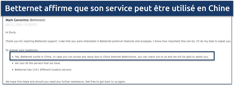 Screenshot of email response where Betternet agent claims it can be used in China