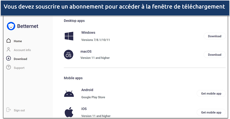 Screenshot of the Betternet's download page