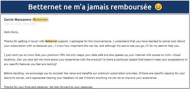 Screenshot of Betternet email response after requesting a refund