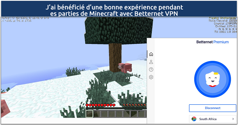 Screenshot of Minecraft being played while connected to Betternet VPN South Africa server