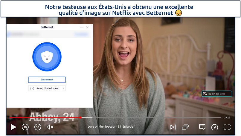 Screenshot of Netflix player streaming Love on the Spectrum while connected to a US Betternet server 